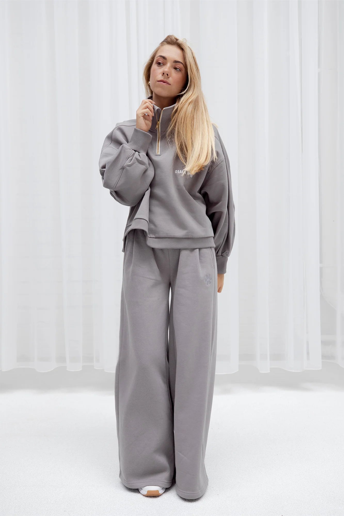2732-Osk Women Cropped Drop Shoulder Half Zip Sweater-Grey