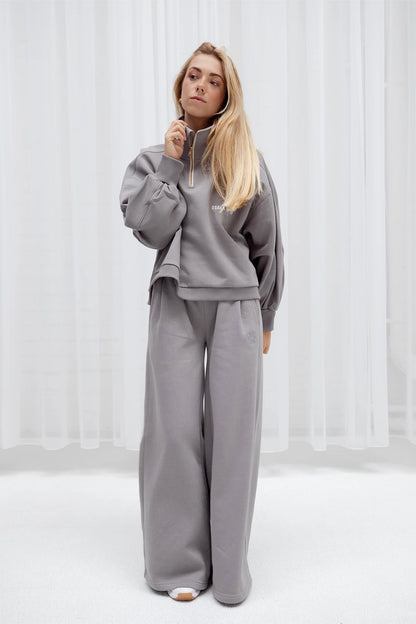 2732-Osk Women Cropped Drop Shoulder Half Zip Sweater-Grey