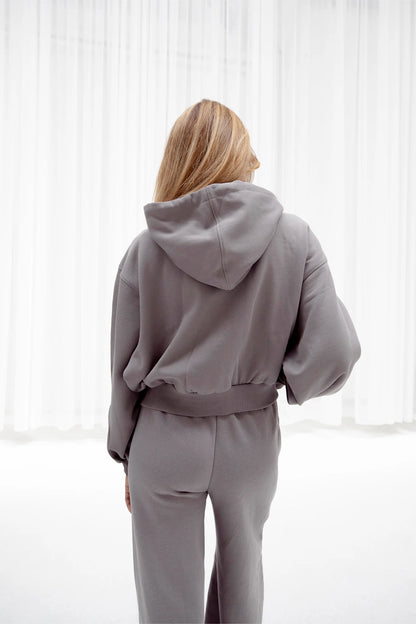 2734-Osk Women Cropped Drop Shoulder Full Zip Hoodie-Grey