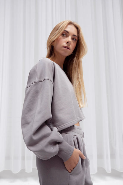 2735-Osk Women Crossed Back Drop Shoulder Sweater-Grey