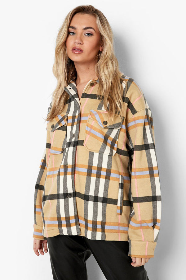 Beige Black Check Shacket For Women-2484