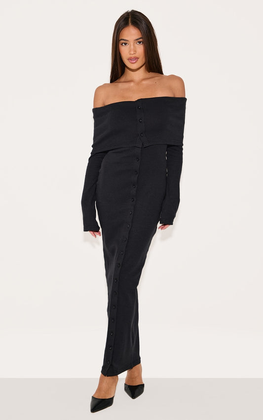 2663-Black Rib Fold Over Bardot Button Maxi Dress