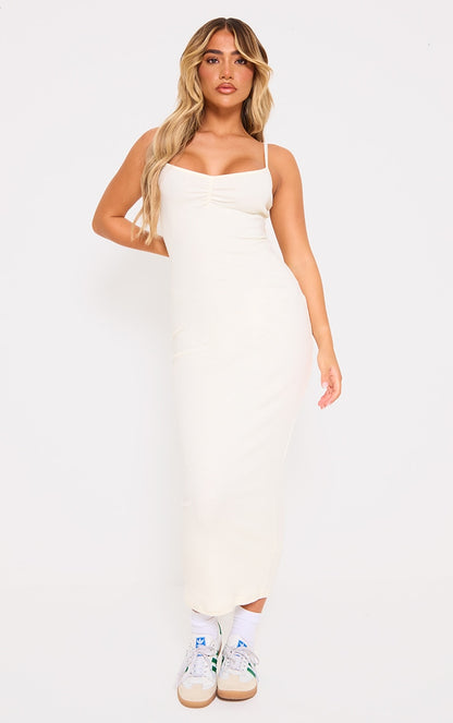 Rib Ruched Bust Strappy Midaxi Dress-PLT-2540-Cream