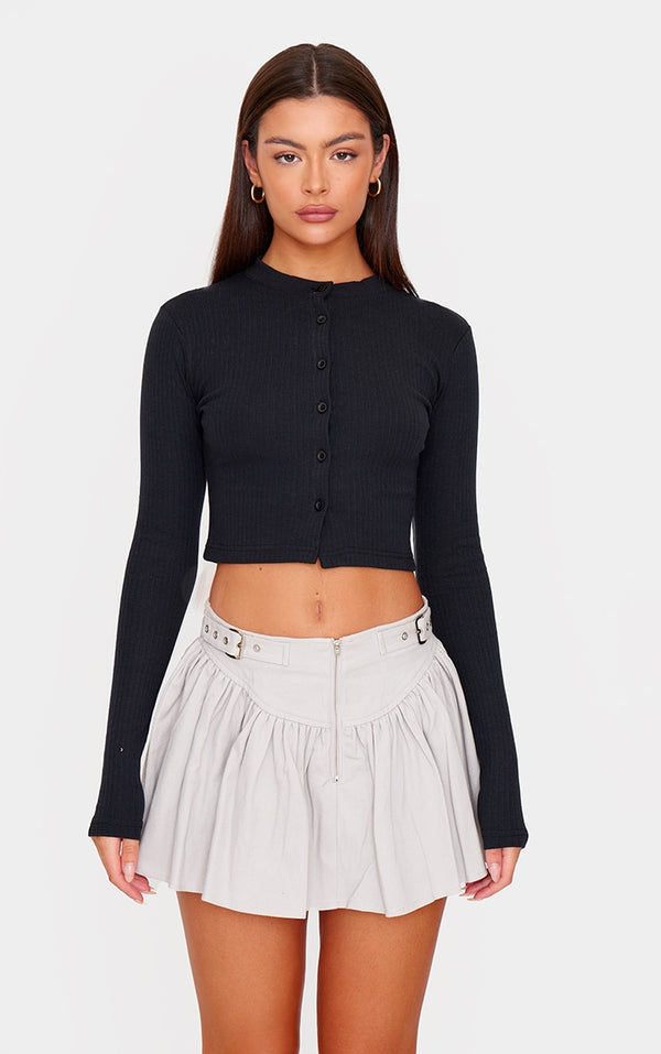 Ribbed Button Down Detail Long Sleeve Croptop-PLT-2546-Black