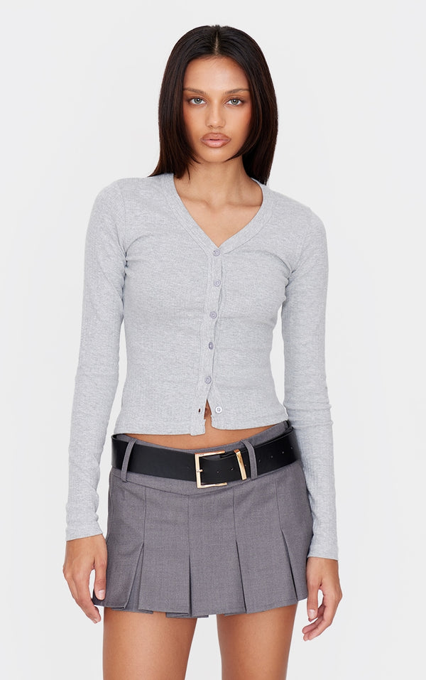 Ribbed Button Down V Neck Long Sleeve Top-PLT-2547-Grey