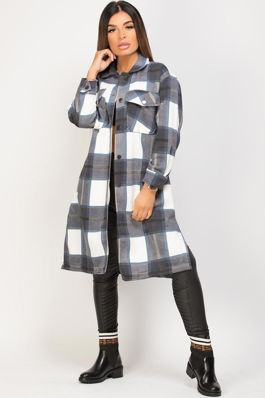 Blue White Long Check Shacket For Women-2560