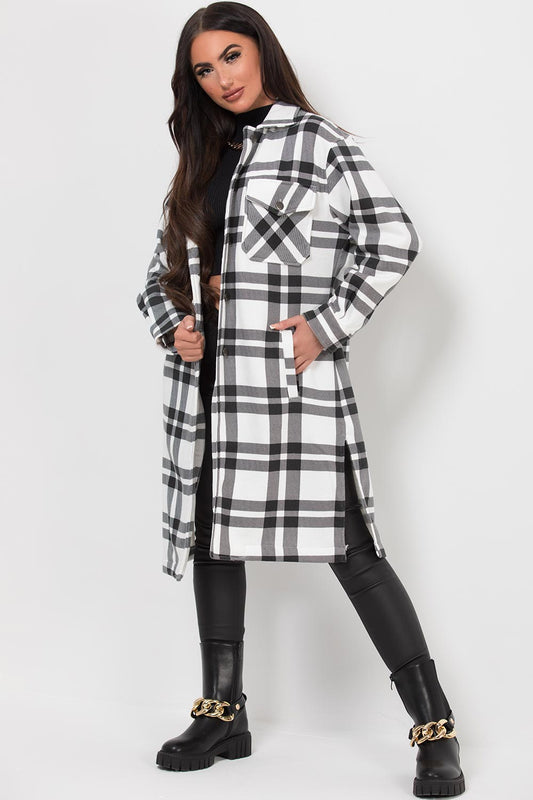 White Black Long Check Shacket For Women-2559