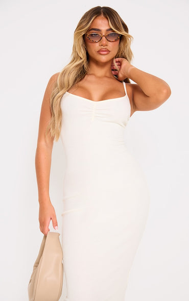 Rib Ruched Bust Strappy Midaxi Dress-PLT-2540-Cream