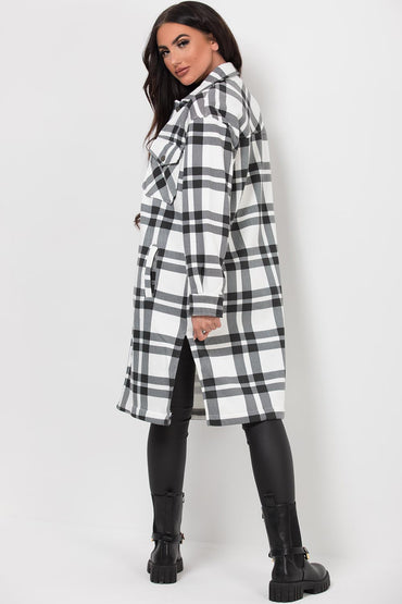 White Black Long Check Shacket For Women-2559