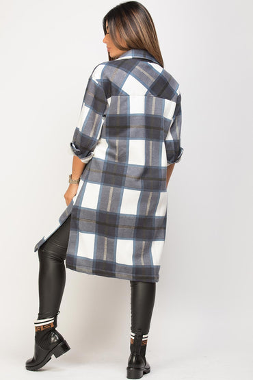 Blue White Long Check Shacket For Women-2560