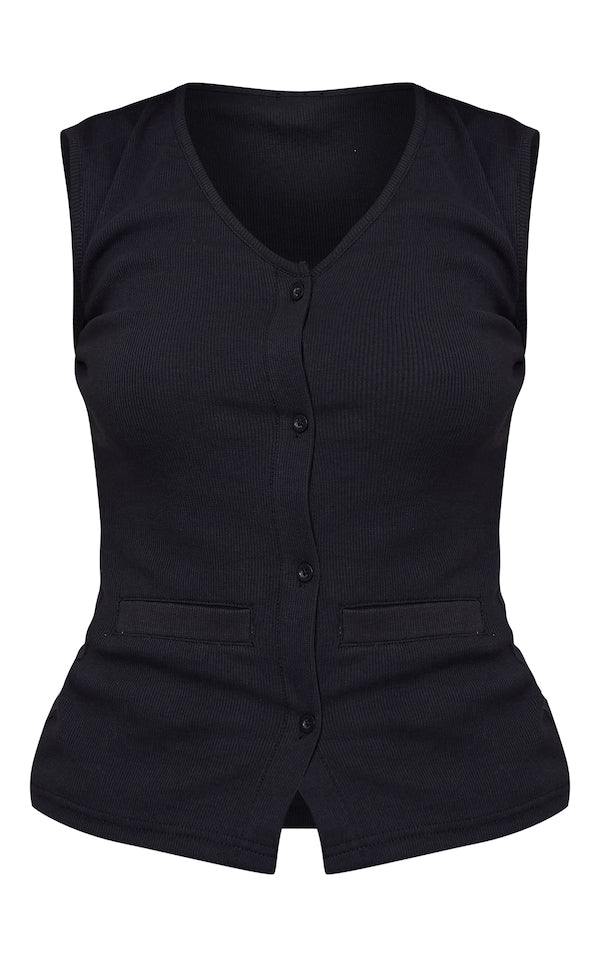 Ribbed Knitted Sleeveless Waistcoat-PLT-2548-Black