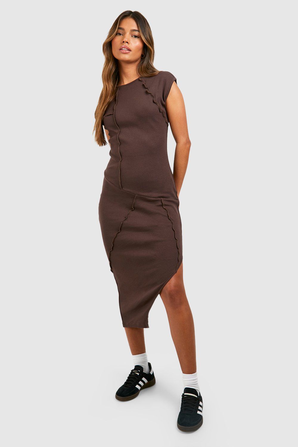 Boohoo Seam Detail Asymmetric Midi Dress-2329-Brown