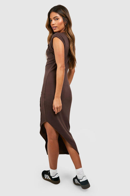 Boohoo Seam Detail Asymmetric Midi Dress-2329-Brown