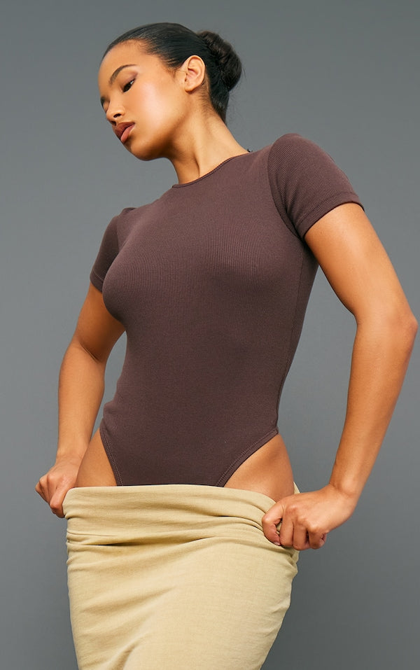PLT Rib Short Sleeve Bodysuit-2318-Brown