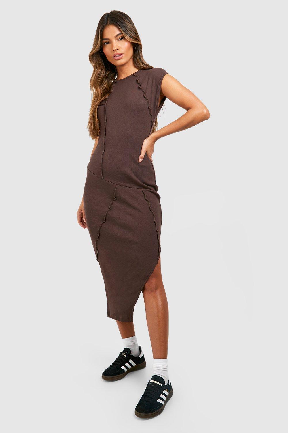 Boohoo Seam Detail Asymmetric Midi Dress-2329-Brown