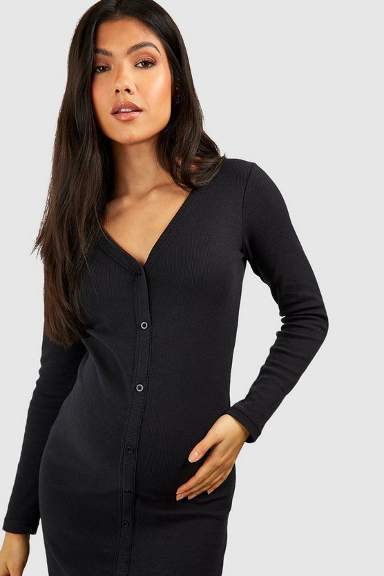 BH Maternity Rib Button Through Midaxi Dress-2497-Black