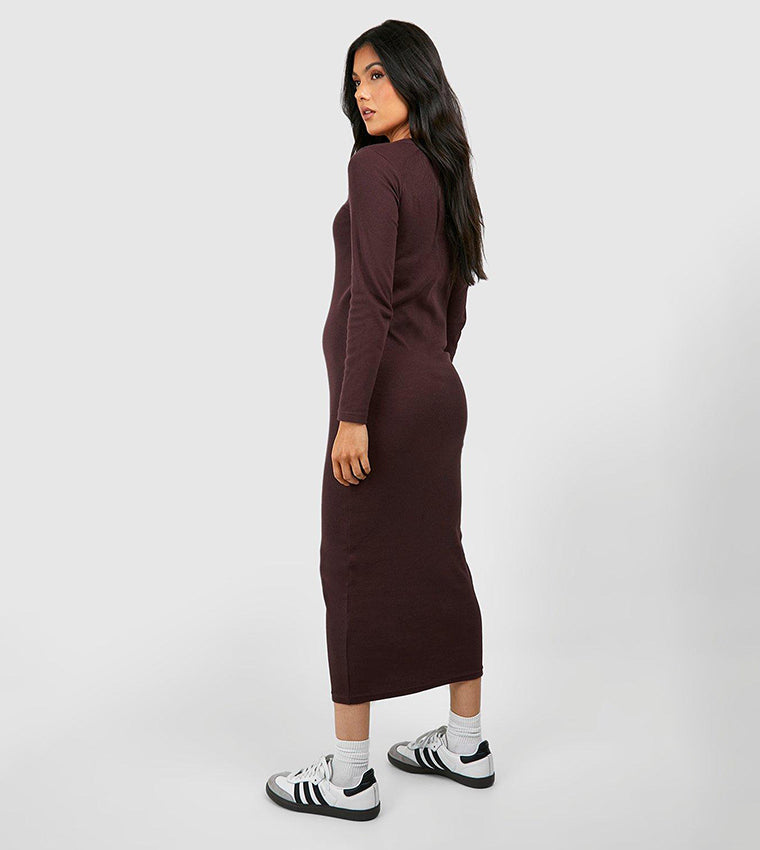 BH Maternity Rib Button Through Midaxi Dress-2497-Chocolate Brown