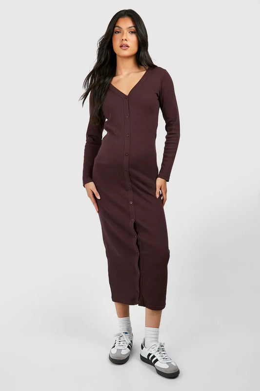 BH Maternity Rib Button Through Midaxi Dress-2497-Chocolate Brown