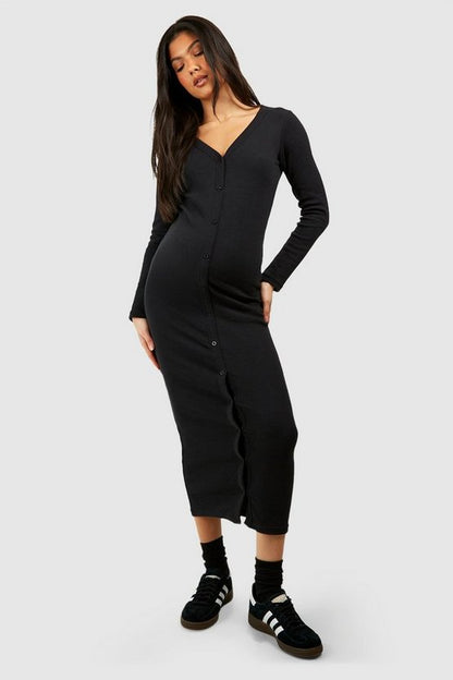 BH Maternity Rib Button Through Midaxi Dress-2497-Black