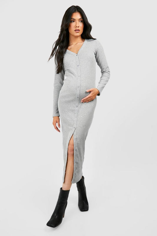 BH Maternity Rib Button Through Midaxi Dress-2497-Grey