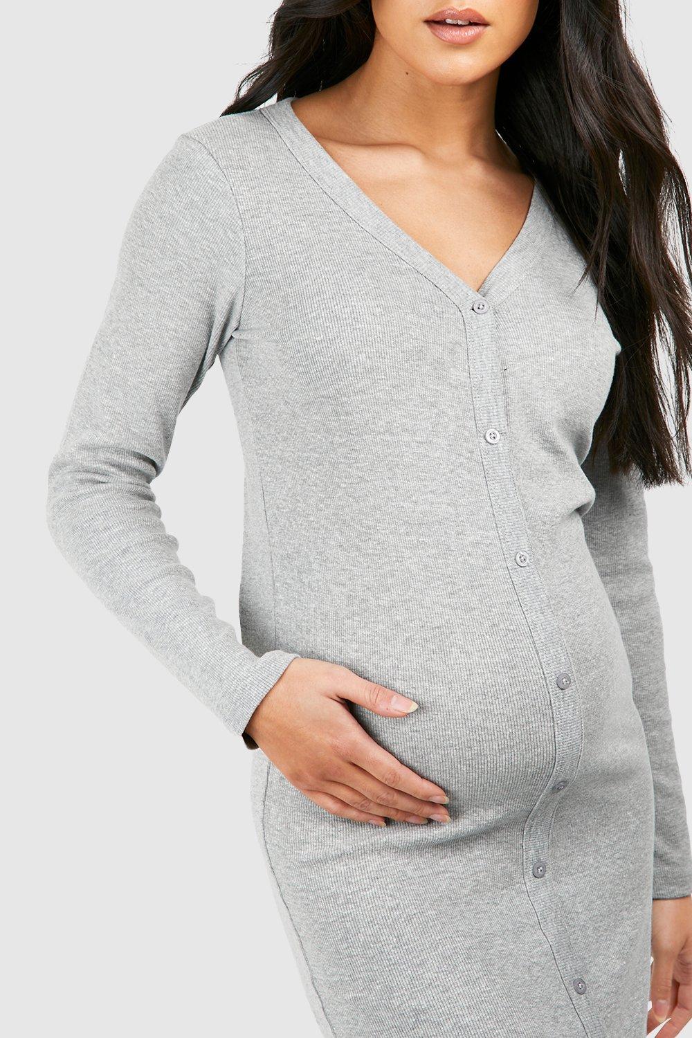 BH Maternity Rib Button Through Midaxi Dress-2497-Grey