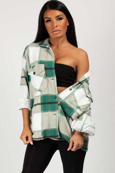 Green White Check Shacket For Women-2489