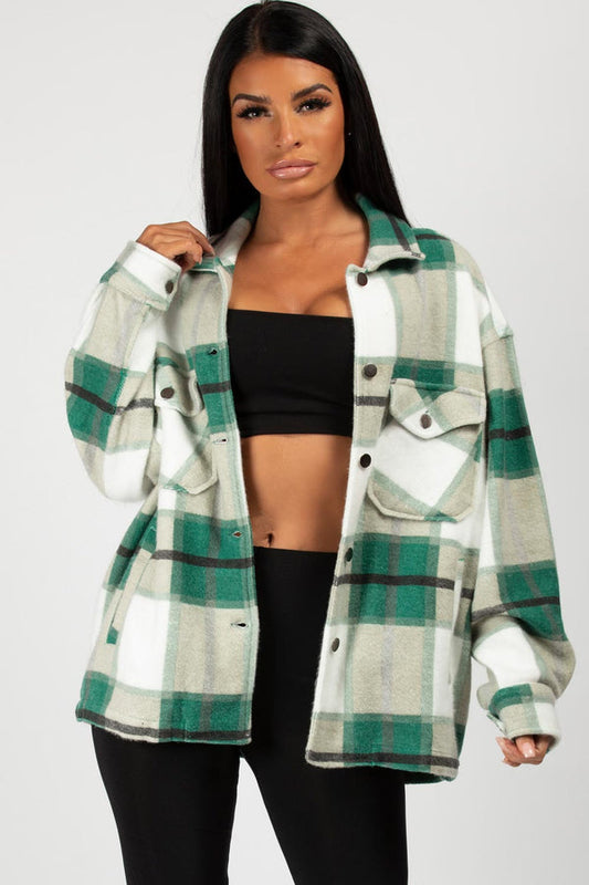 Green White Check Shacket For Women-2489