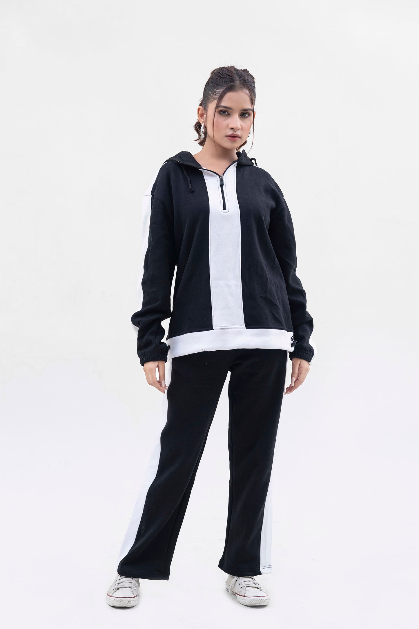 FX Quarter Zip Hood Tracksuit For Women-2583-Black White