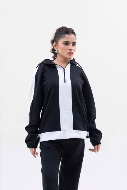 FX Quarter Zip Hood Tracksuit For Women-2583-Black White