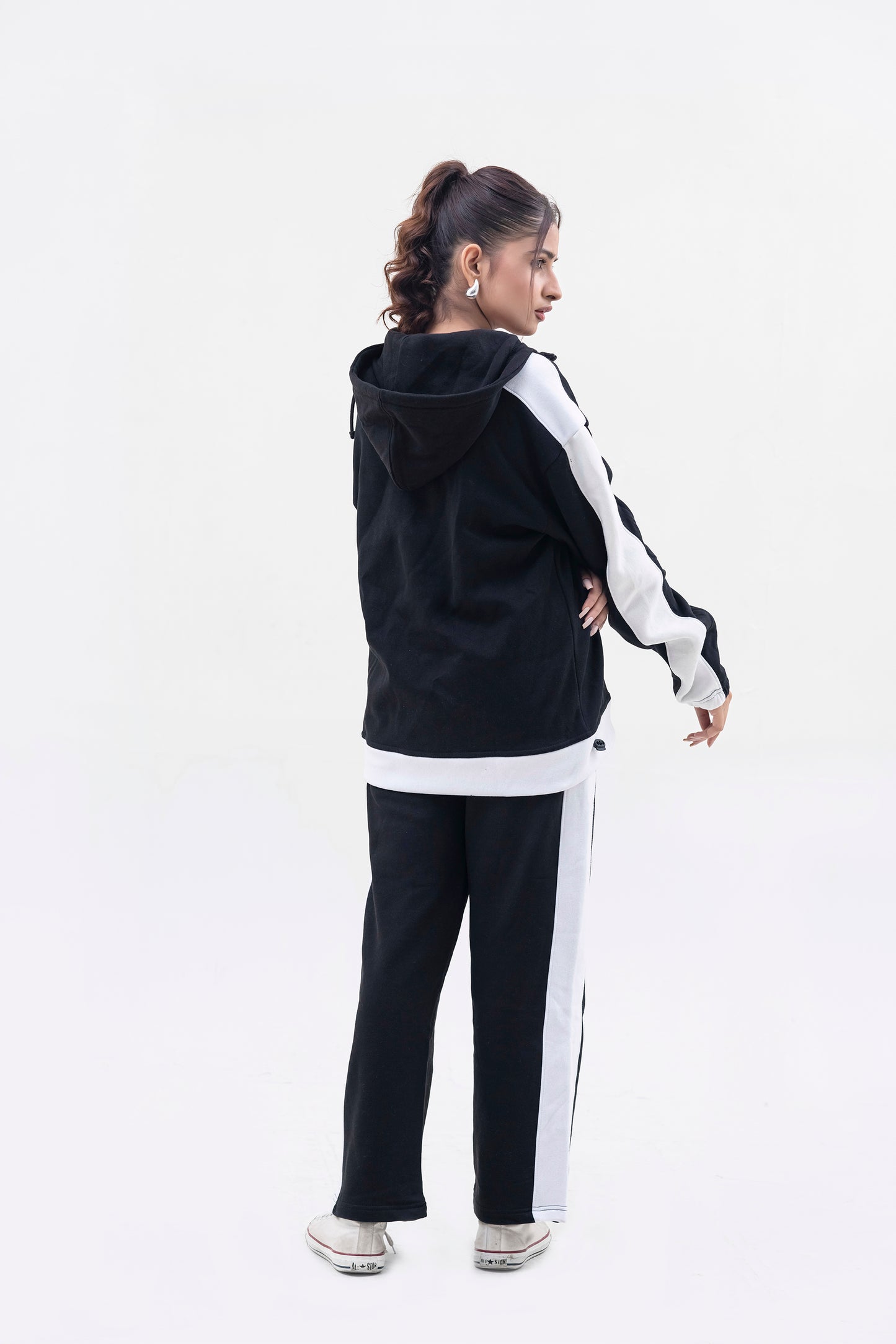 FX Quarter Zip Hood Tracksuit For Women-2583-Black White