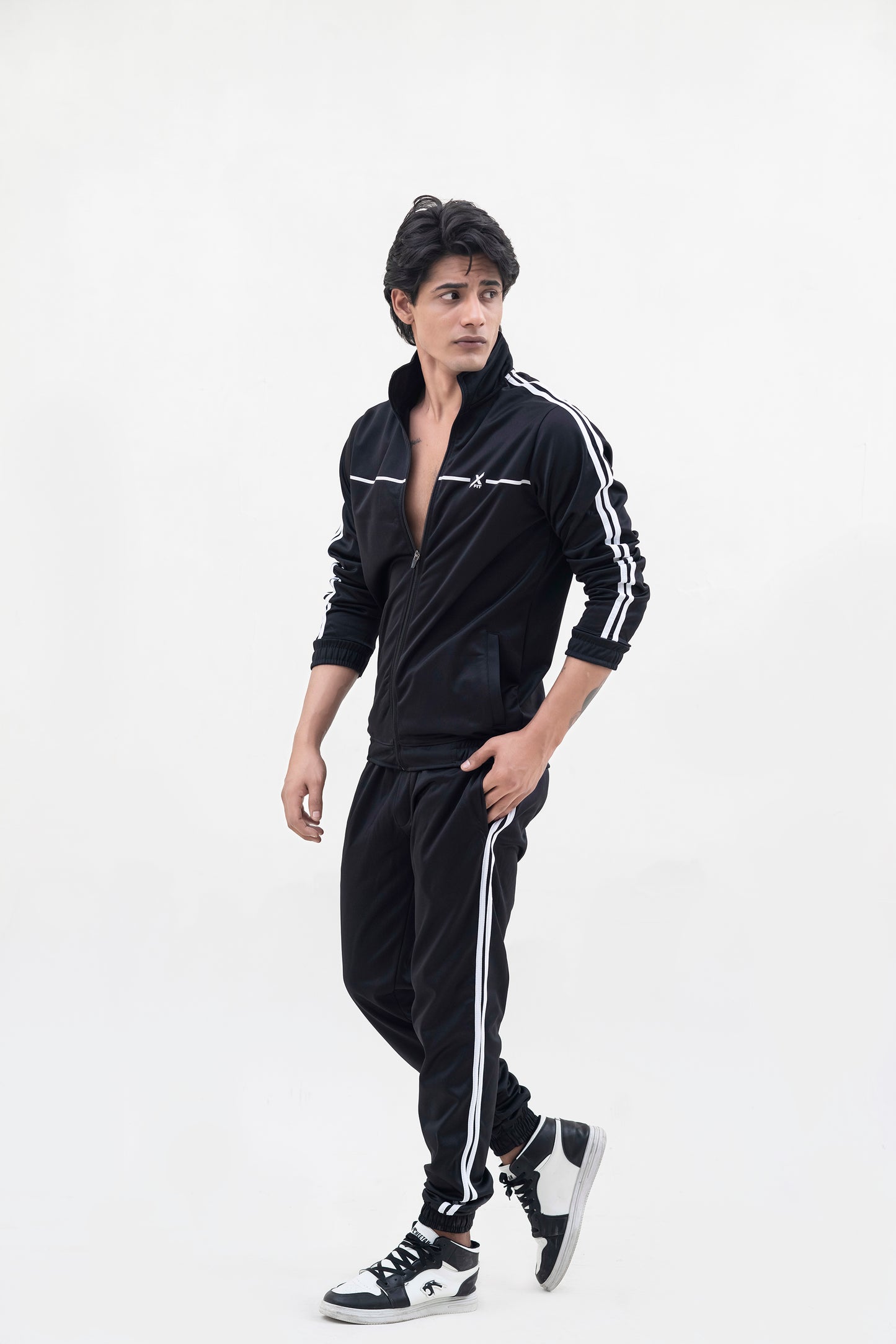 X-Fit White Stripes Full-Zip Tracksuit For Men-2585-Black