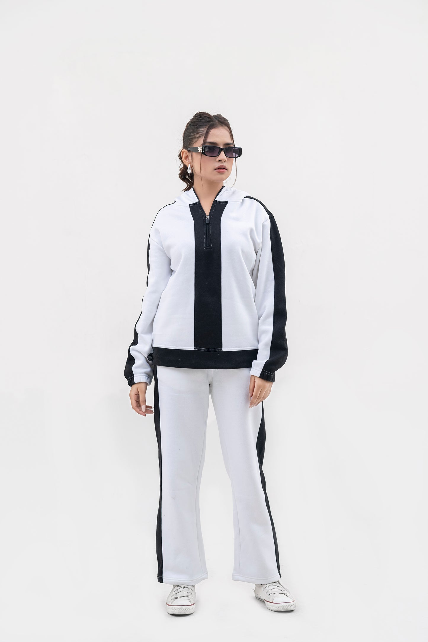 FX Quarter Zip Hood Tracksuit For Women-2583-White Black