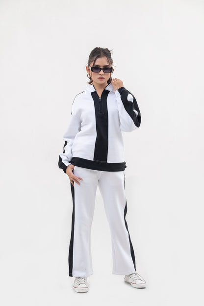 FX Quarter Zip Hood Tracksuit For Women-2583-White Black