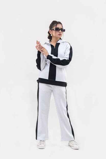 FX Quarter Zip Hood Tracksuit For Women-2583-White Black