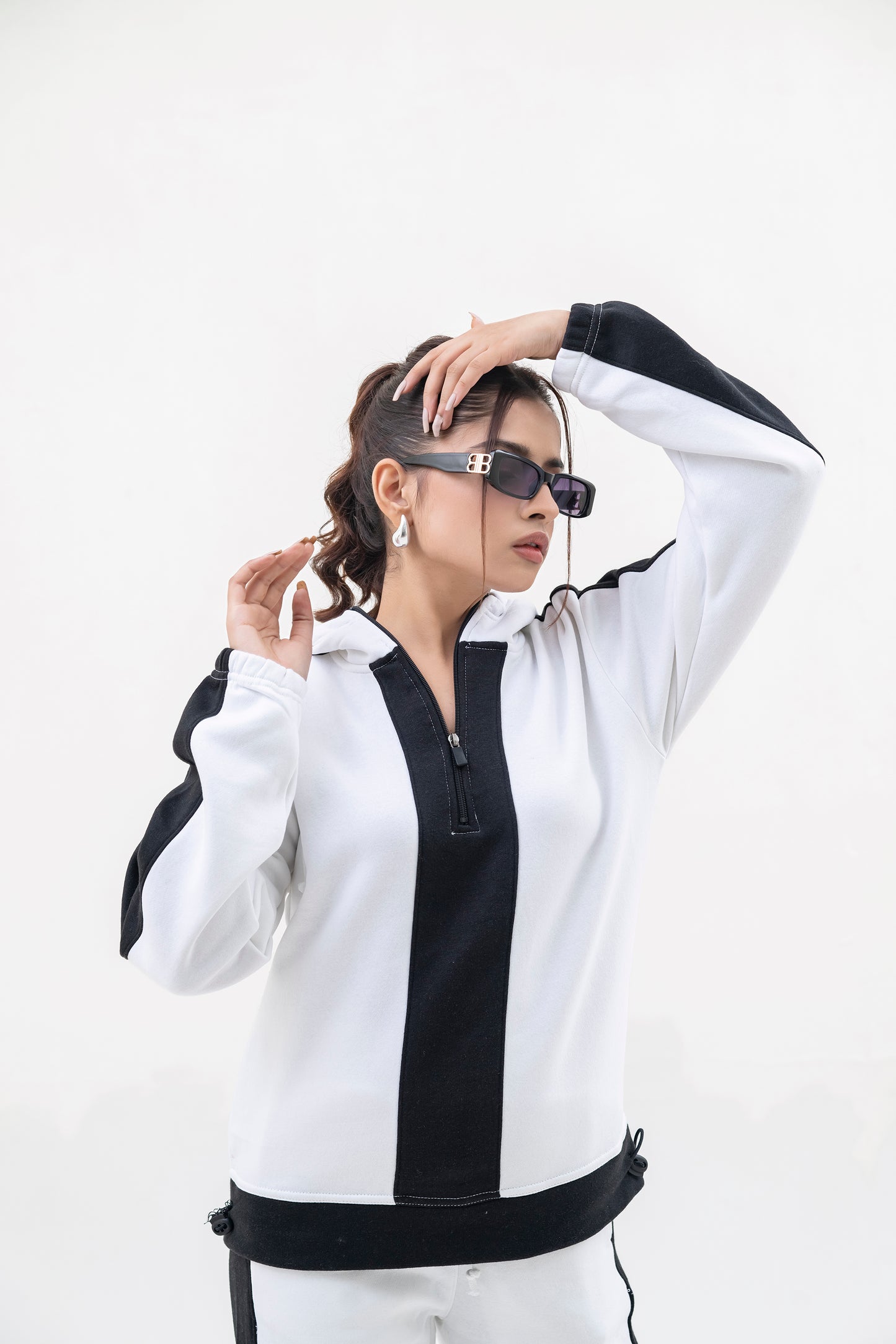 FX Quarter Zip Hood Tracksuit For Women-2583-White Black