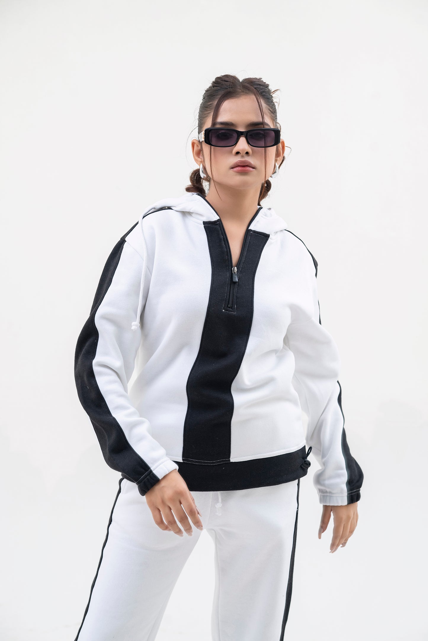 FX Quarter Zip Hood Tracksuit For Women-2583-White Black