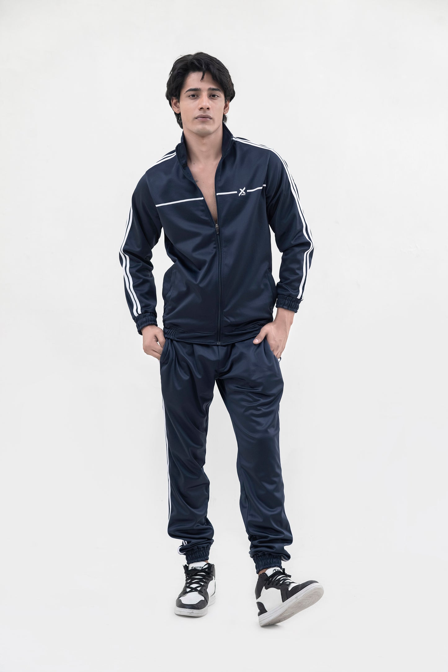 X-Fit White Stripes Full-Zip Tracksuit For Men-2585-Navy