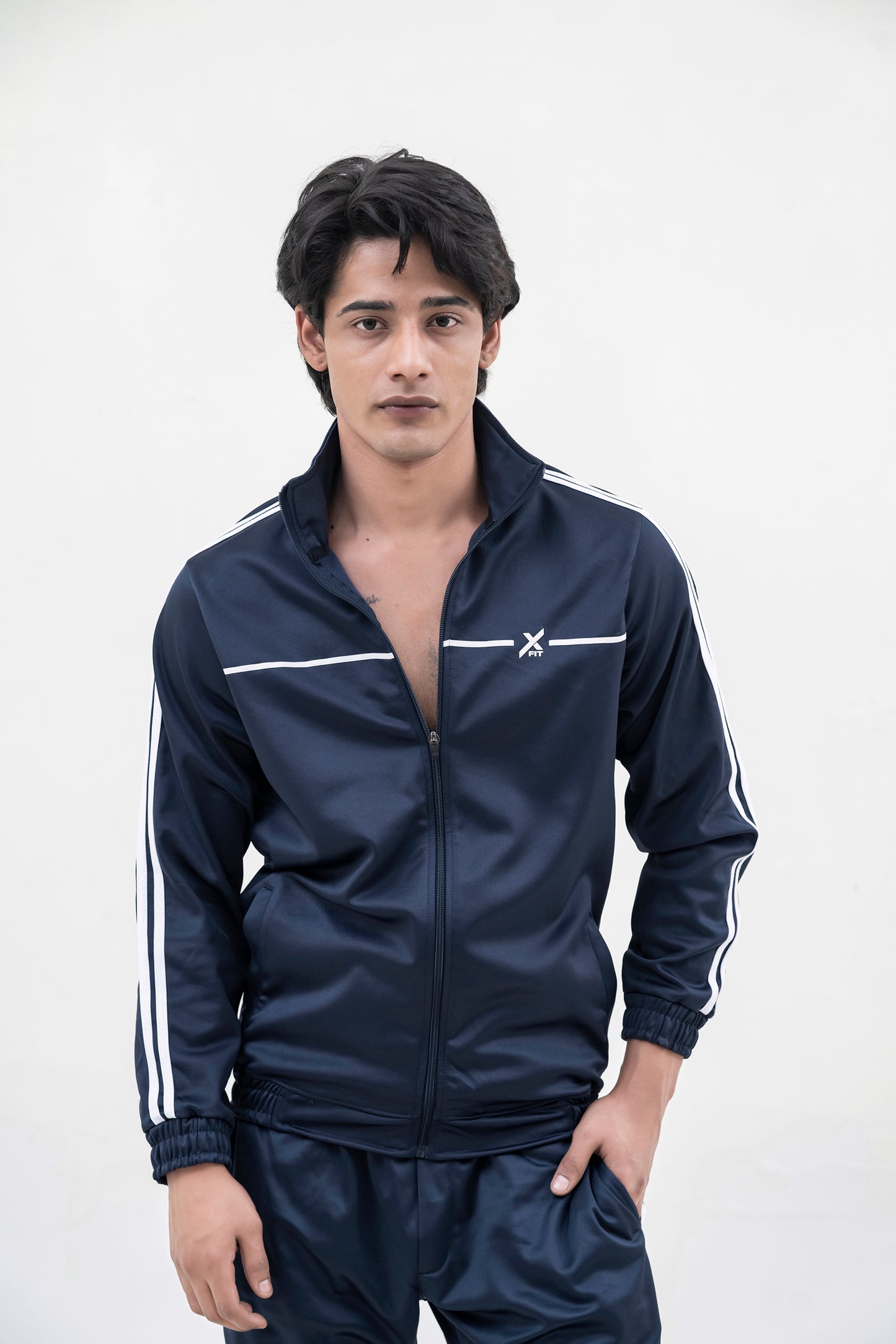 X-Fit White Stripes Full-Zip Tracksuit For Men-2585-Navy