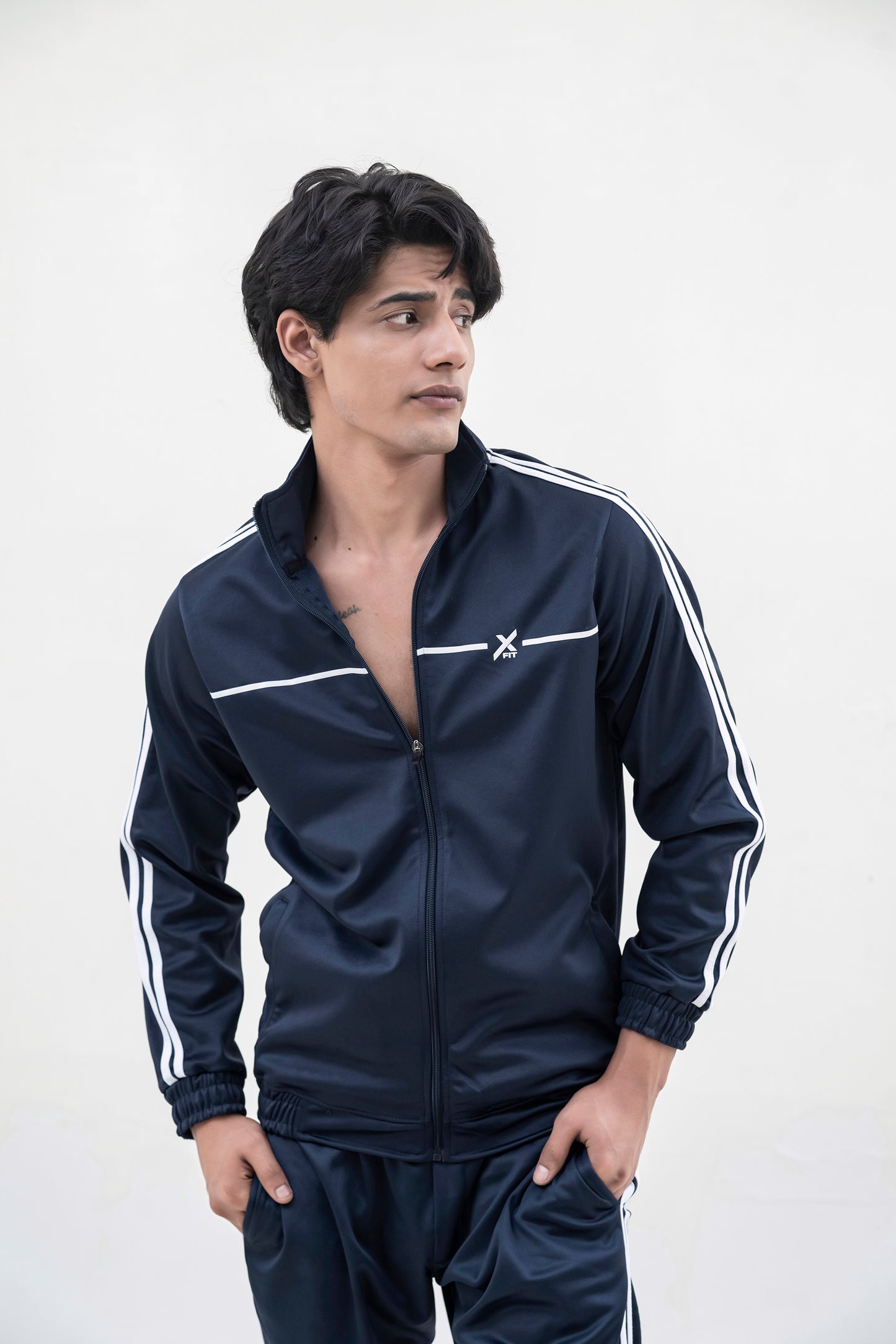 X-Fit White Stripes Full-Zip Tracksuit For Men-2585-Navy