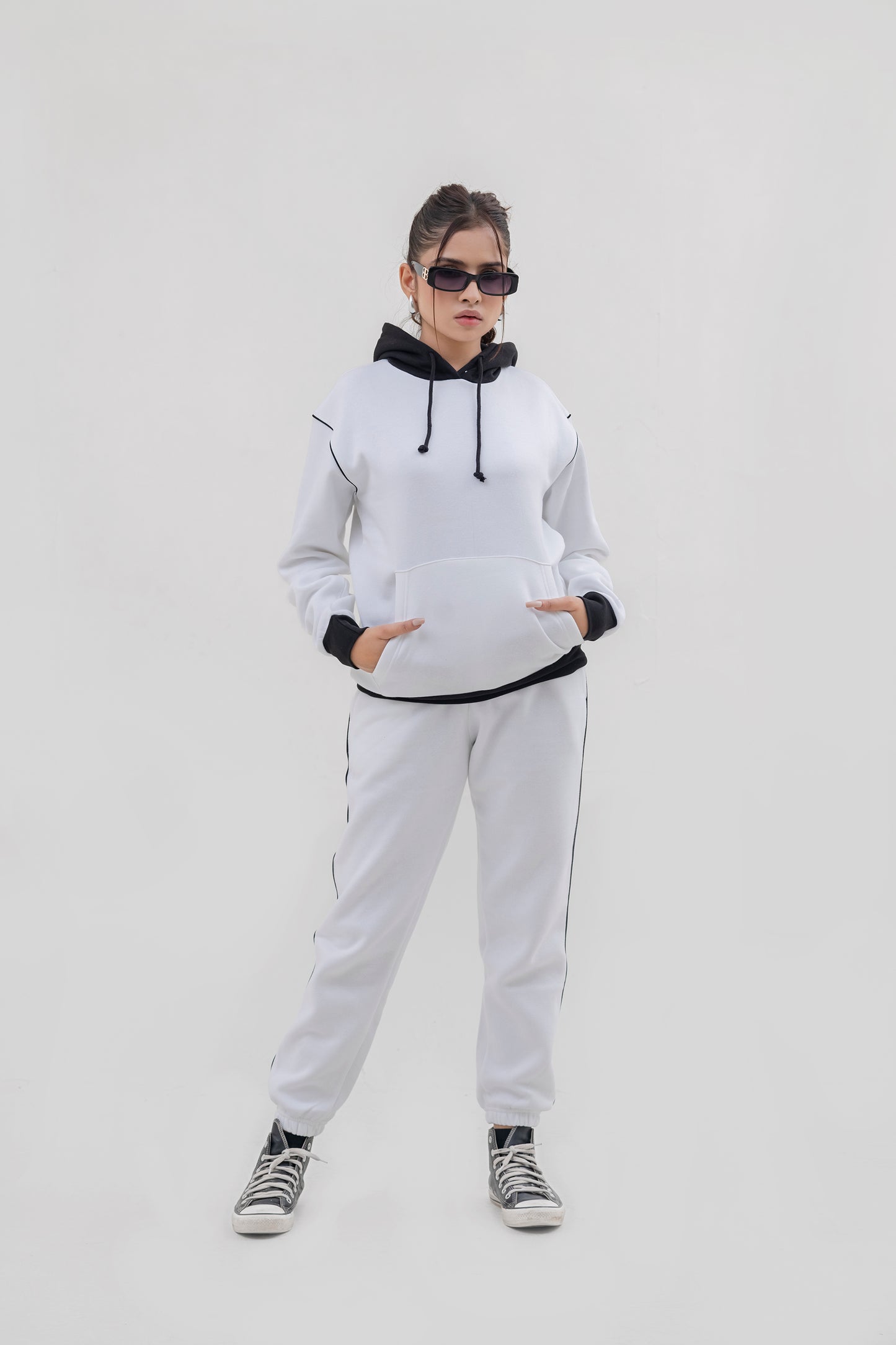 FX Pullover Hood Tracksuit For Women-2584-White Black