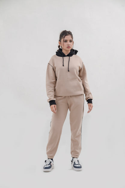 FX Pullover Hood Tracksuit For Women-2584-Beige Black