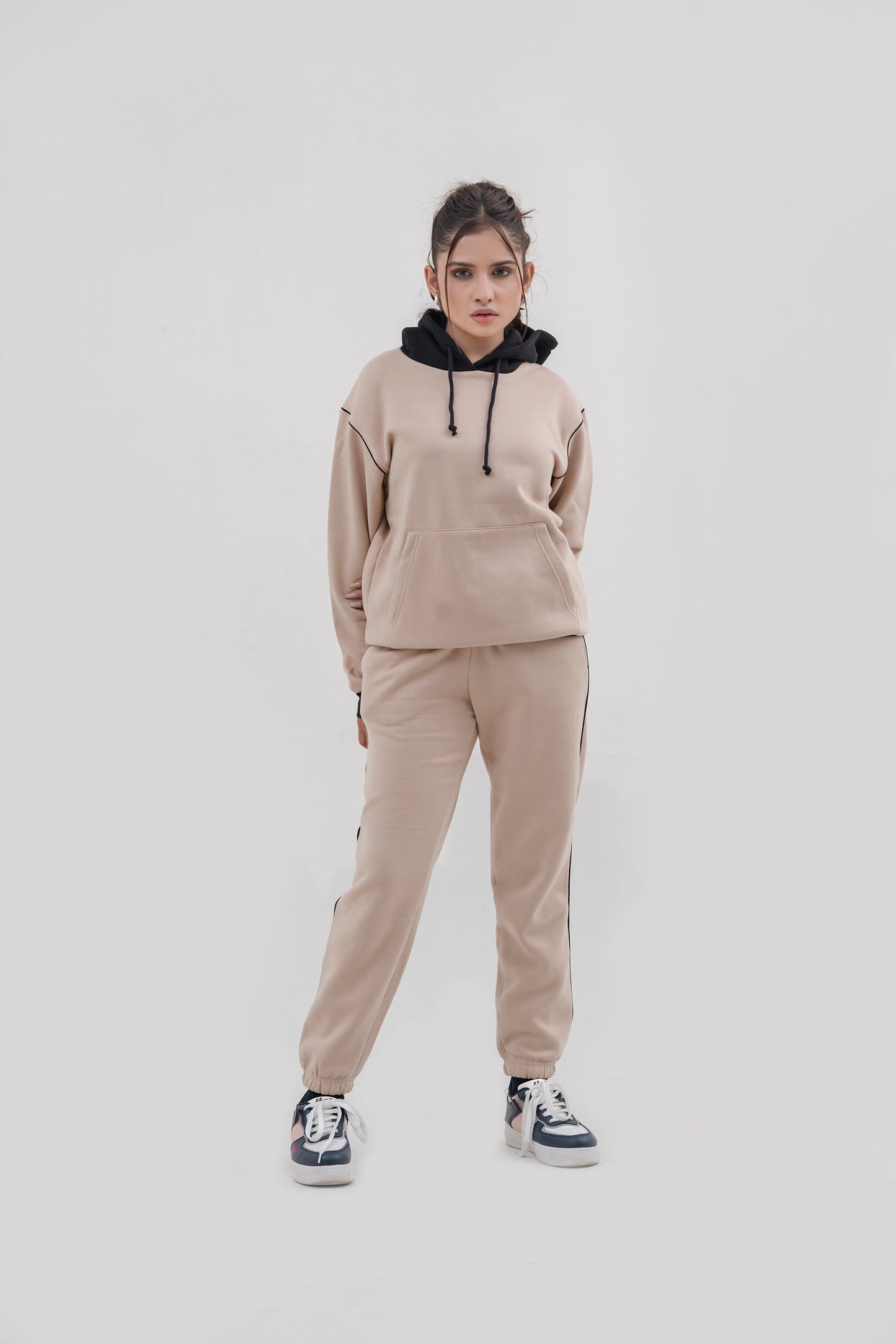 FX Pullover Hood Tracksuit For Women-2584-Beige Black