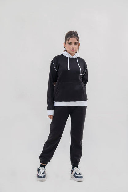 FX Pullover Hood Tracksuit For Women-2584-Black White