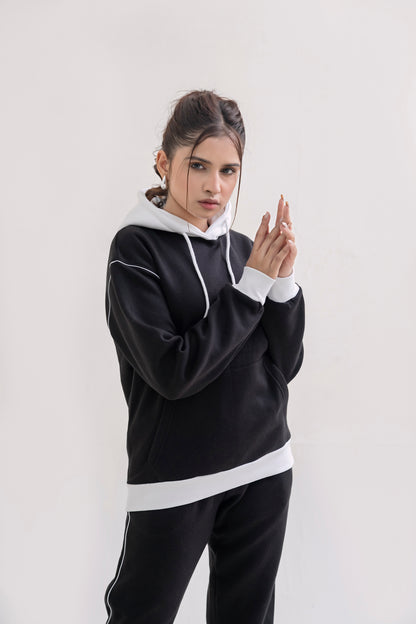 FX Pullover Hood Tracksuit For Women-2584-Black White