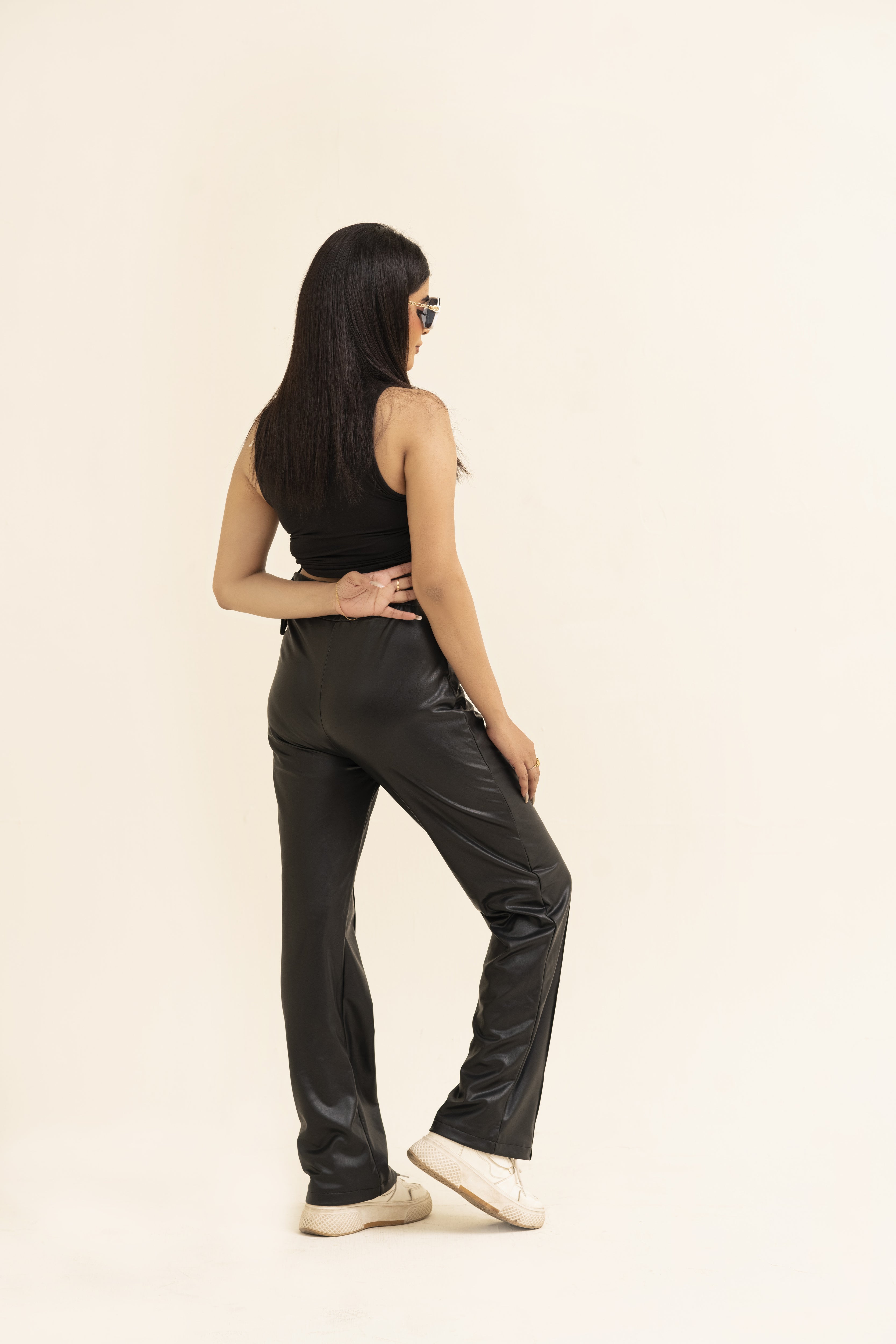 Pleated Faux Leather Pants For Women-2520