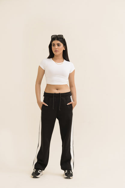 Black Straight-Leg Trousers with Stripe For Women-2558