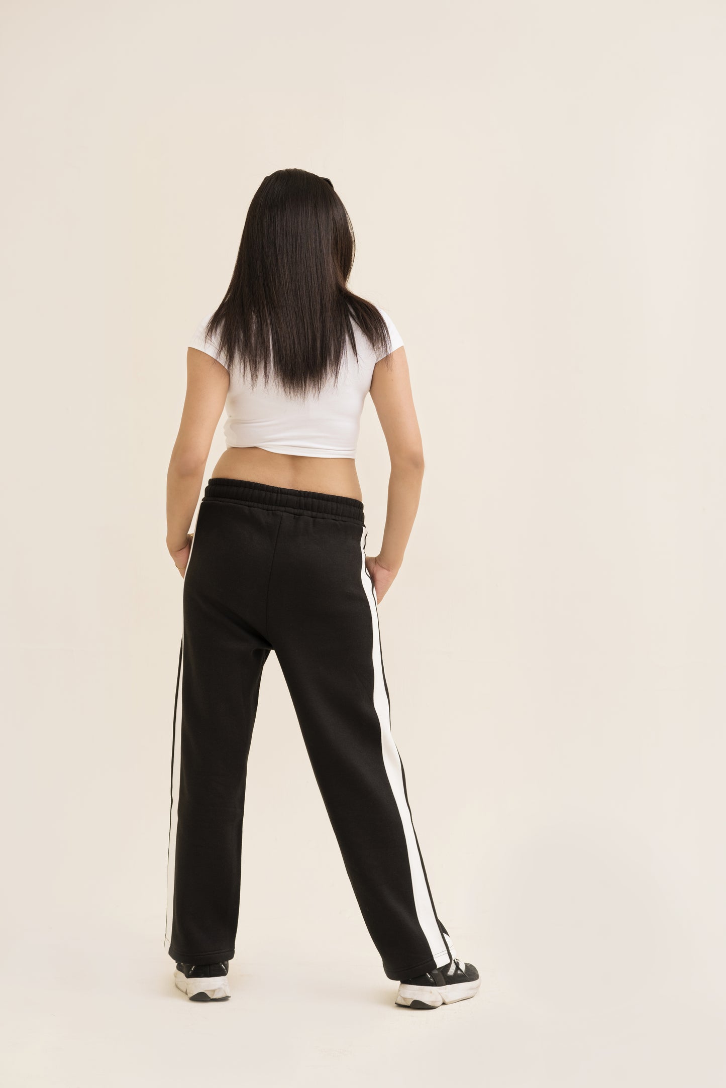 Black Straight-Leg Trousers with Stripe For Women-2558