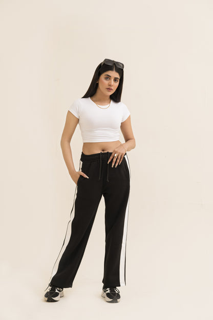 Black Straight-Leg Trousers with Stripe For Women-2558