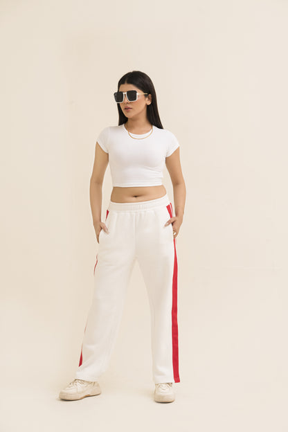 White Straight-Leg Trousers with Stripe For Women-2558