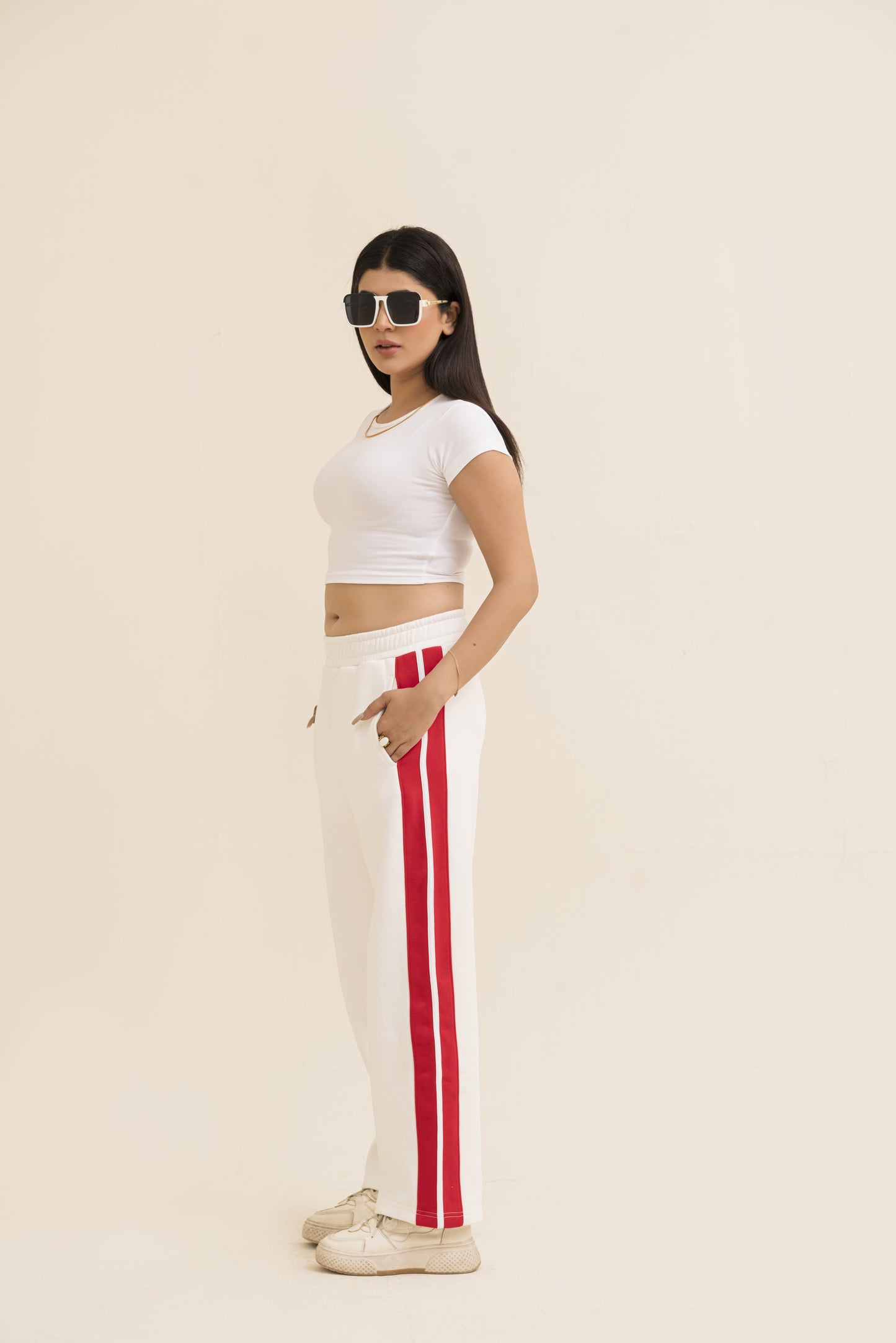 White Straight-Leg Trousers with Stripe For Women-2558